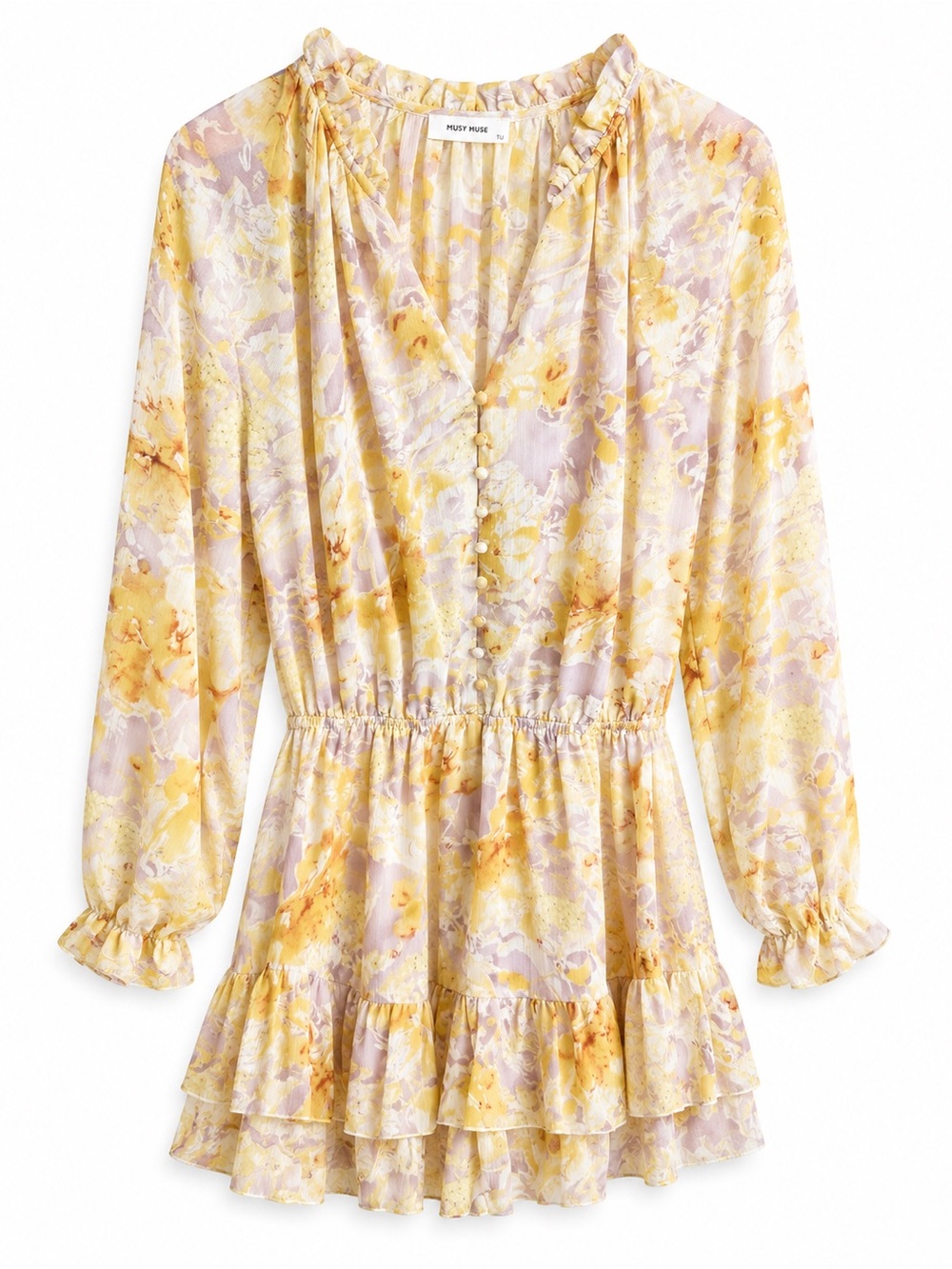 Musy Muse Yellow & Purple Floral Chiffon Long Sleeve Ruffle Skort Romper Size M